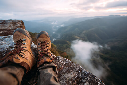Close-up of hiker's feet in leather boots sitting on a rocky cliff edge with a panoramic view of foggy mountain ranges during sunrise.