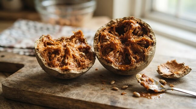 Freshly Cut Wood Apple Fruit on Wooden Board, Natural Light, Rustic Kitchen Setting, Healthy Food Preparation