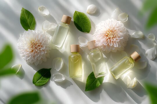 Flat Lay of Natural Essential Oil Bottles with White Dahlia Flowers and Green Leaves on White Surface