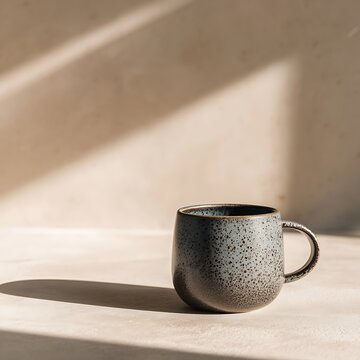 Minimalist Speckled Ceramic Mug on Neutral Stone Surface with Dramatic Sunlight and Shadows
