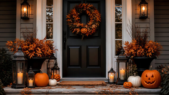 Halloween Front Door With Pumpkins and Wreath | Autumn Porch Decoration With Jack O Lanterns | Festive Fall Home Entrance