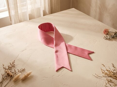 Pink ribbon placed on a soft beige surface for breast cancer awareness month support and hope