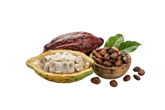 Fresh cacao fruit pod cut in half showing white pulp and seeds next to a wooden bowl filled with roasted cocoa beans on white background