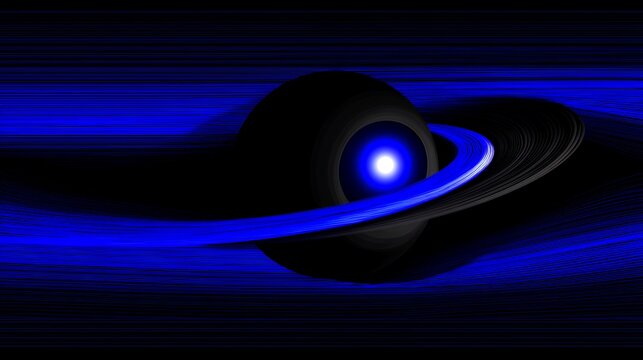 Abstract 3D Black Sphere with Glowing Blue Core and Dynamic Swirling Neon Rings for Space and Futuristic Science Concepts
