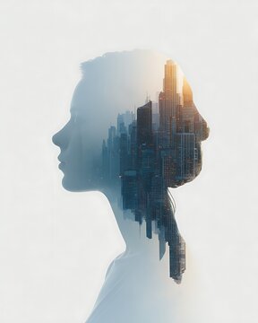 Double exposure conceptual image of a woman silhouette merged with a modern urban city skyline during sunrise on a clean background