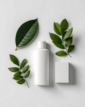 Top View Minimalist White Cosmetic Bottle and Box Mockup Surrounded by Green Leaves for Organic Beauty Branding