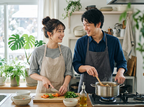 雪景色が広がる窓辺のキッチンで楽しく料理を作る笑顔の女性