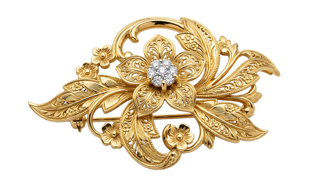 Beautiful gold brooch pin with a sparkling diamond flower design and intricate leaf patterns