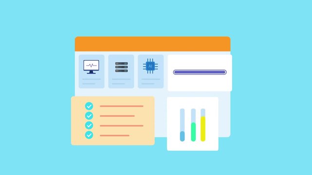 Flat vector animated analytics dashboard featuring monitoring, processor, performance charts, task management, and workflow interface. Ideal for business, data analysis, and technology motion graphics