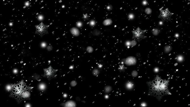 Falling white snowflakes against deep black background for winter holiday season festive overlay effects with background with background