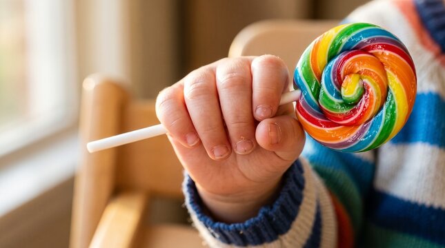 Close-up photograph of a toddler's hand holding a large, colorful rainbow swirl lollipop in warm natural indoor light.