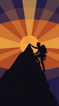 Man climber ascending steep mountain peak at sunset. Silhouette of mountaineer reaching summit during Global Climbing Day. Concept of success, challenge, willpower and outdoor adventure.