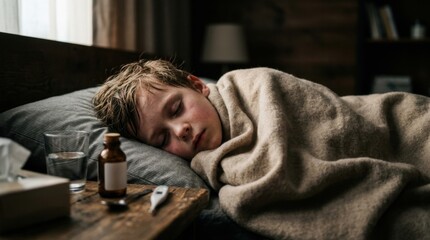 Obraz premium Child Sleeping Comfortably While Ill and Resting Under Blanket