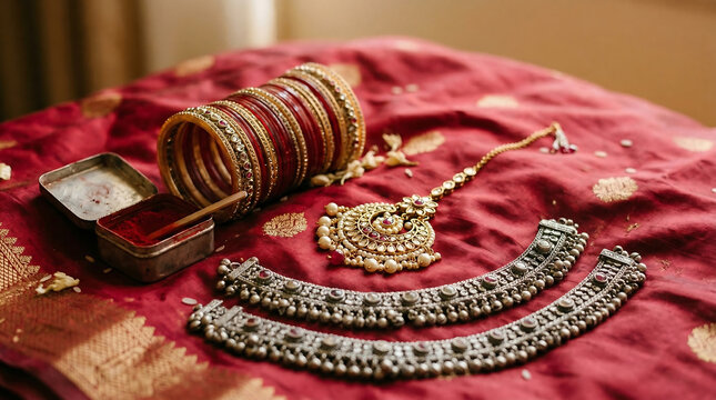 Post Wedding Bridal Accessories Still Life Wedding Bangles Maang Tikka Anklets Vermilion on Silk Cloth, Warm Soft Light, Authentic South Asian Wedding Material Ritual Detail India