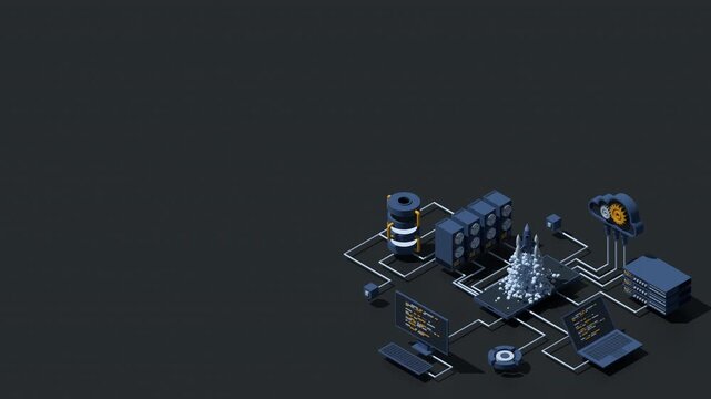 3D isometric business startup animation. Business startup team launching rocket with computer and server. Startup your project. Launch concept. 4K video animated in isometric style