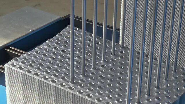 Shiny aluminum thermal heat sink plates slide into place along steel guiding rods during a rhythmic automated manufacturing cycle inside a busy metal workshop plant during the productive morning hours