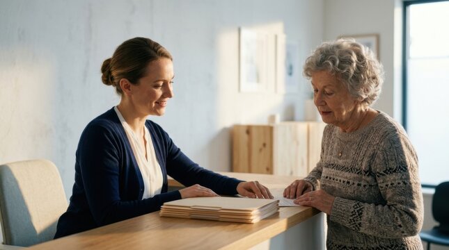 Caring Professional Assists Elderly Woman With Paperwork At Desk