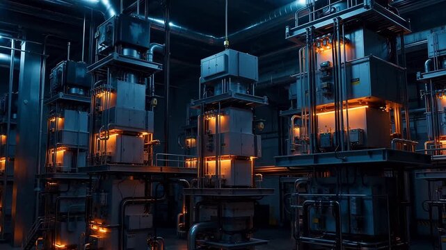 HVDC Valve Hall: Glowing Grid of Electronics in Monochrome Light