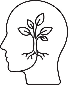Human head profile icon with growing plant tree for personal development mindset self growth nature consciousness.