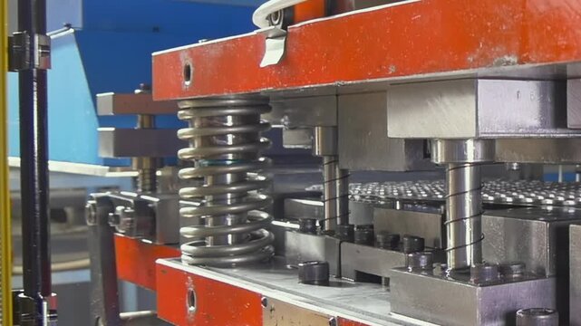 Heavy hydraulic machinery rhythmically crafts intricate metal parts in a busy workshop, showcasing mechanical power and repetitive engineering precision.