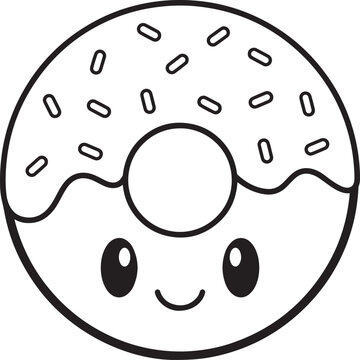Cute dessert doodle, smiling donut icon, pastry coloring page, sweet food cartoon, sprinkles decorative illustration.