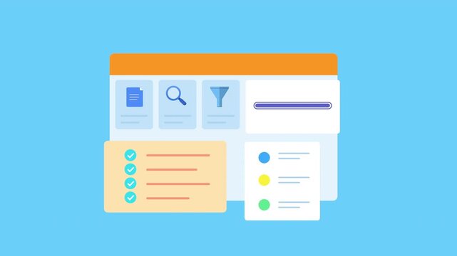 Flat vector animated search and filter dashboard featuring data lookup, list management, workflow interface, and analytics elements. Ideal for business, organization, and technology motion graphics.