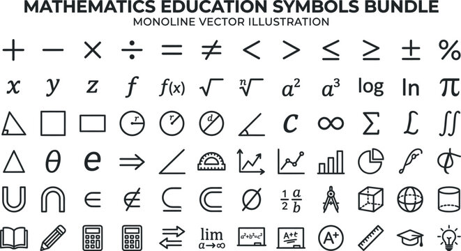 Mathematics education symbols bundle, monoline vector illustration of math icons, black outline geometry and algebra signs for school study