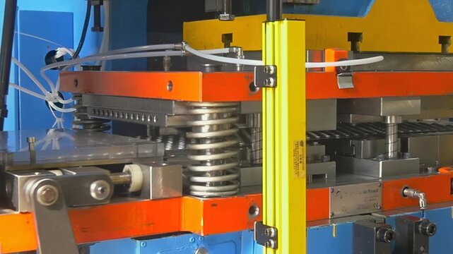 Heavy machinery rhythmically stamps steel plates in a modern facility, showcasing mechanical precision and efficient production.