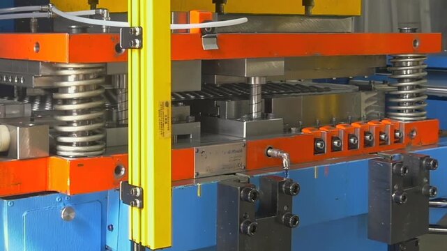 Heavy machinery rhythmically compresses steel components in precision manufacturing plant during workday to create precise car parts through automated mechanical force and steady hydraulic pressure