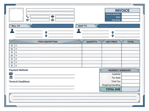 Printable invoice template layout. Professional business billing form for financial records.