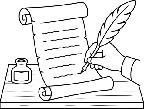 Quill Desk Manuscript Inkwell Scroll Line Art Vector Icon