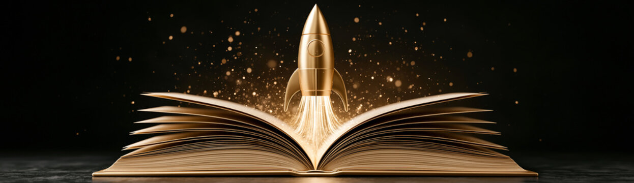 A golden rocket launches from an open book, symbolizing imagination and knowledge taking flight in a dark, sparkling environment.