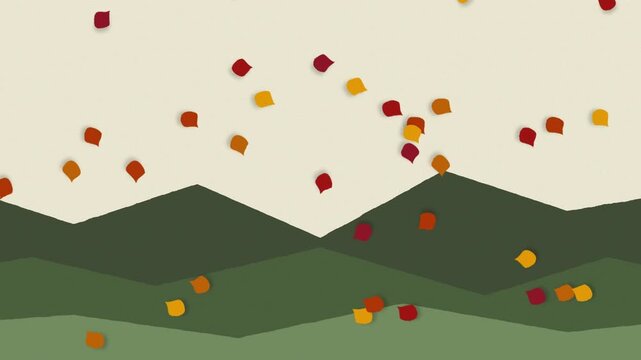 Abstract motion graphics animation of falling autumn leaves over green mountains