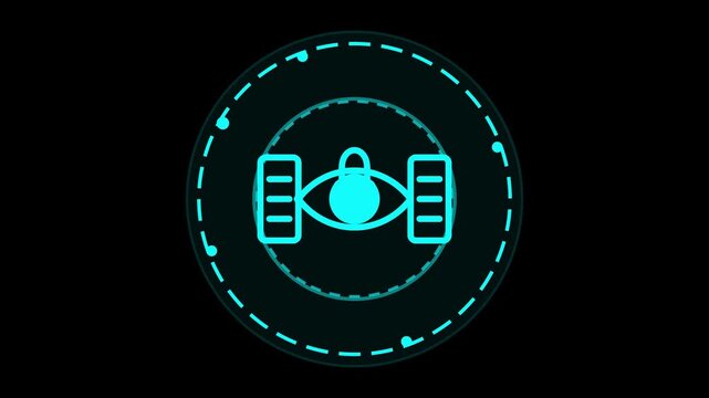 Futuristic digital eye icon with a subtle lock symbol, representing security, surveillance, and advanced technology with a neon blue glow against a black background