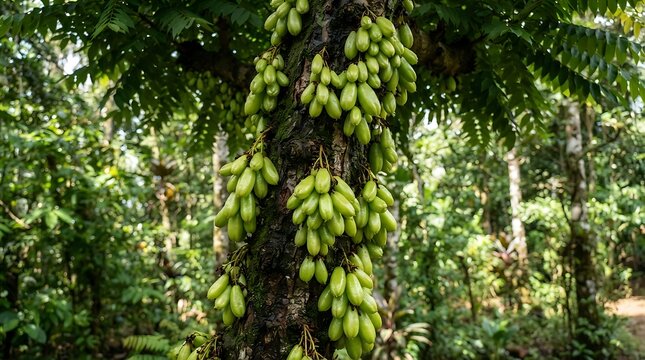 Tropical Averrhoa Bilimbi Tree Laden with Abundant Green Sour Fruit in Lush Rainforest Setting for Exotic Cuisine and Botanical Illustration