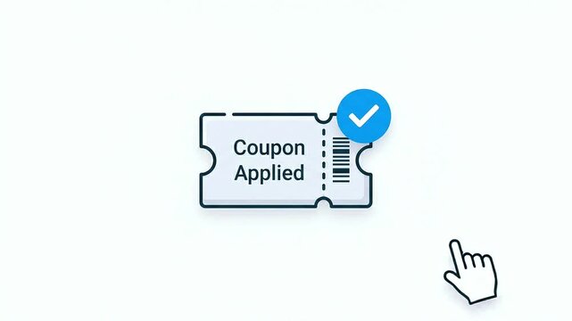 A clean, modern graphic illustration of a coupon with the text Coupon Applied, featuring a percentage icon and barcode, symbolizing savings and discounts
