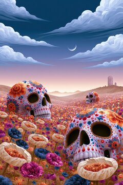 Giant Floral Calaveras Beneath a Crescent Moon