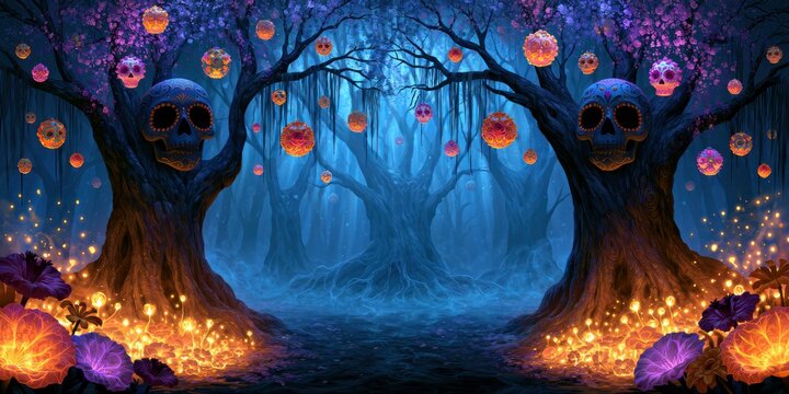 Enchanted Calavera Forest With Glowing Floral Lanterns