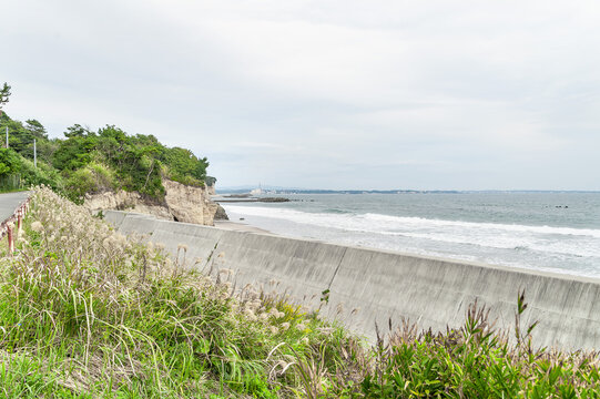 防波堤に打ち寄せる波と断崖の海岸風景/Coastal View of Waves Crashing Against Seawall and Steep Cliffs