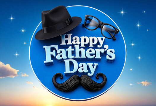 Happy fathers day celebration with hat glasses and mustache on blue sky background