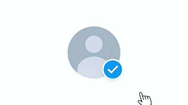 Minimalist graphic animation of a mouse cursor clicking an add contact button icon transforming into a checkmark to confirm a successful user action completion