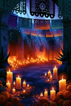 Candlelit Mexican Courtyard Decorated With Papel Picado