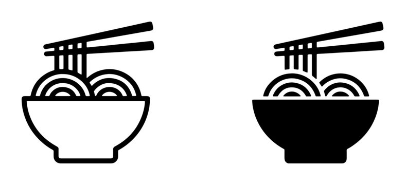 Noodle Bowl Icon Set, Asian Cuisine Meal Vector Graphics, Chopsticks Food Symbol