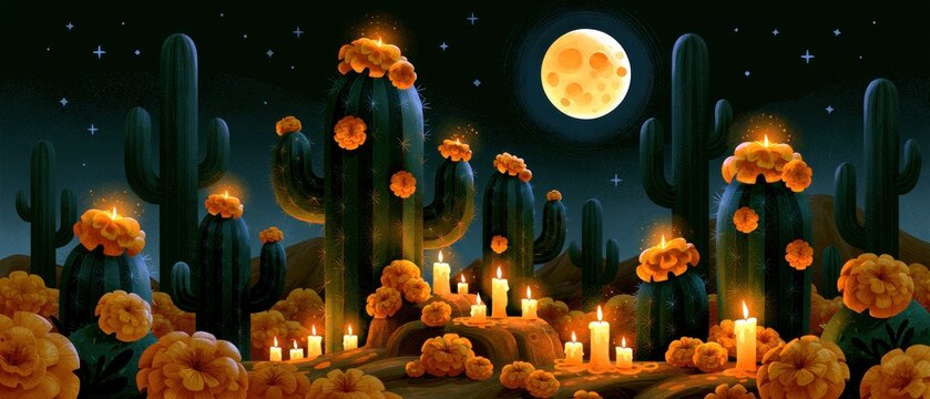 Moonlit Cactus Garden Illuminated by Marigolds and Candles