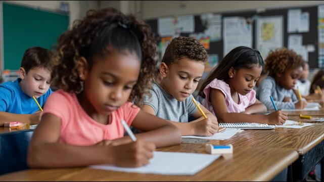 Young diverse students concentrating while writing at their desks during a class assignment