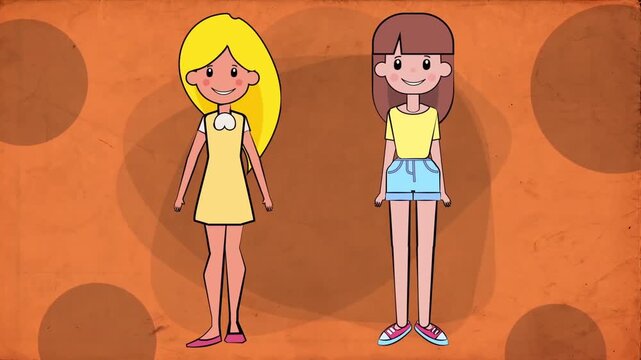 2D animation of two young girls standing side by side casual fashion orange patterned background concept