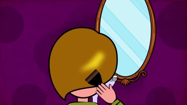 2D animation back view of a woman brushing her hair with a comb looking into a mirror vanity routine concept
