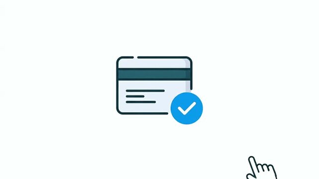 A hand clicks a blue credit card icon on a white background signifying a successful transaction or payment verification in a simple vector animation