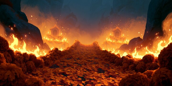 Flaming Marigold Path Leading Toward Memorial Shrines