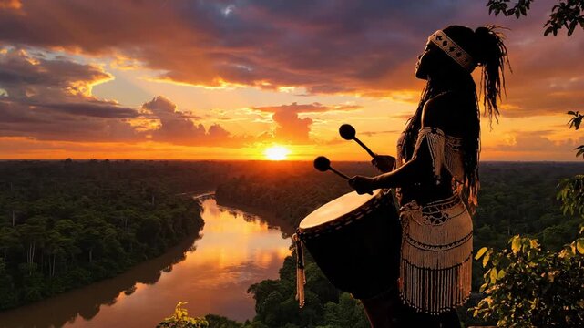 Tribal woman with drum on cliff at sunset over jungle river, cultural ritual